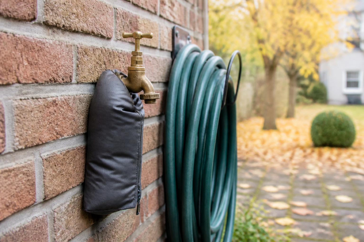Ein montierter Außenwasserhahn an einer Hauswand mit einer isolierenden Schutzhaube daneben