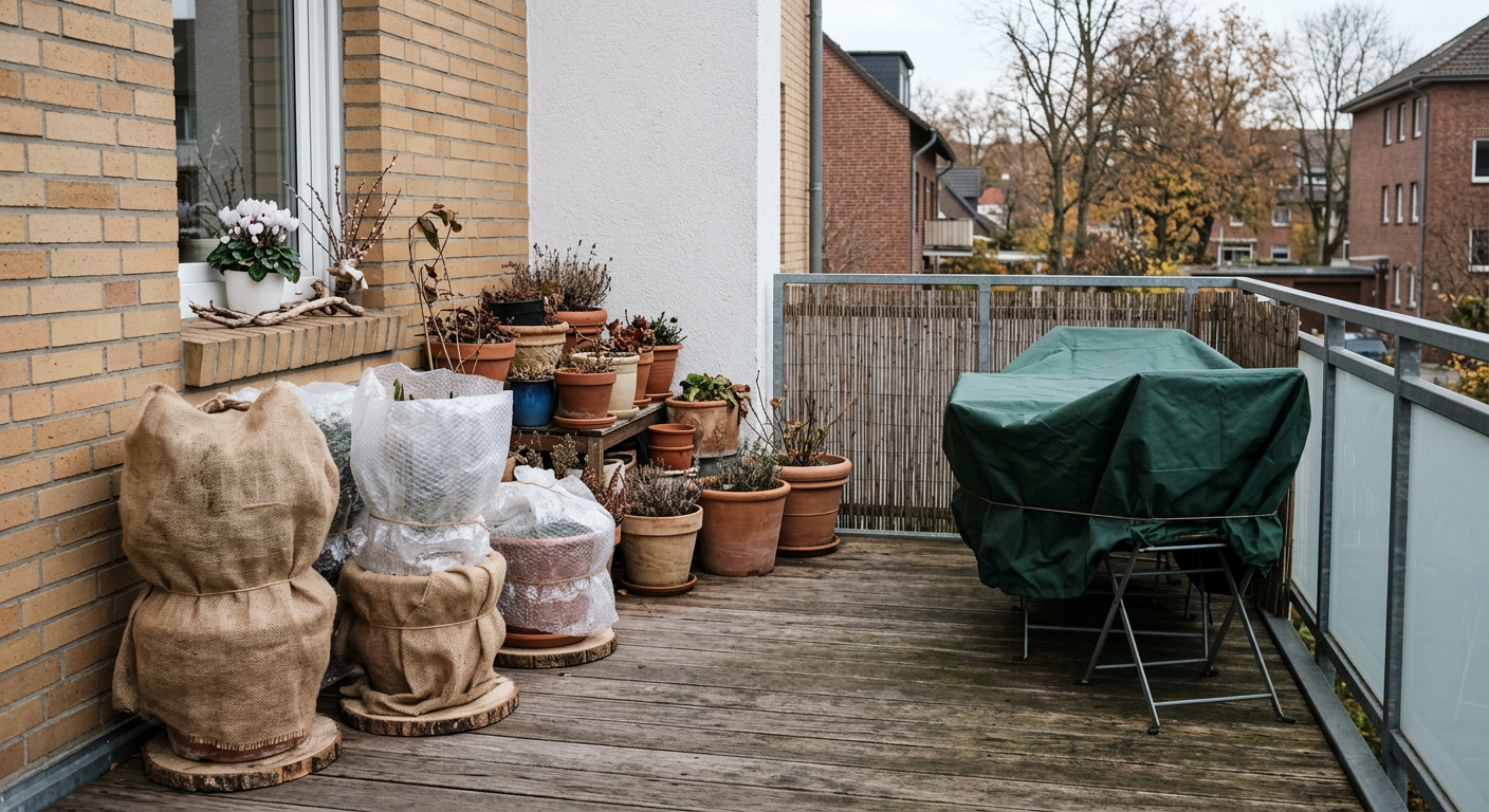 Beitragsbild: Balkon winterfest machen: Die Checkliste für Pflanzen, Töpfe und Möbel