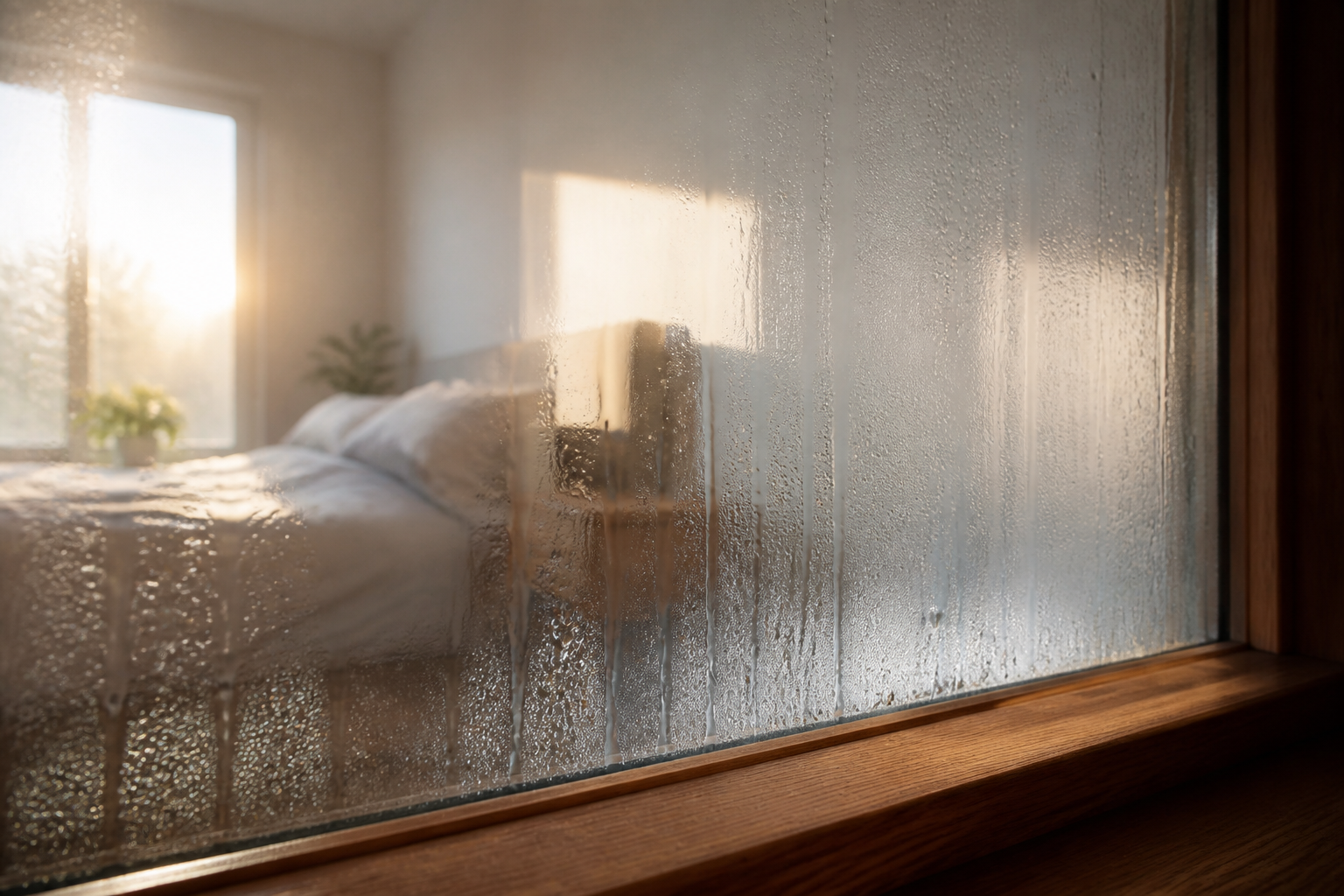 Kondenswassertropfen laufen an einer kalten Fensterscheibe im Schlafzimmer herab