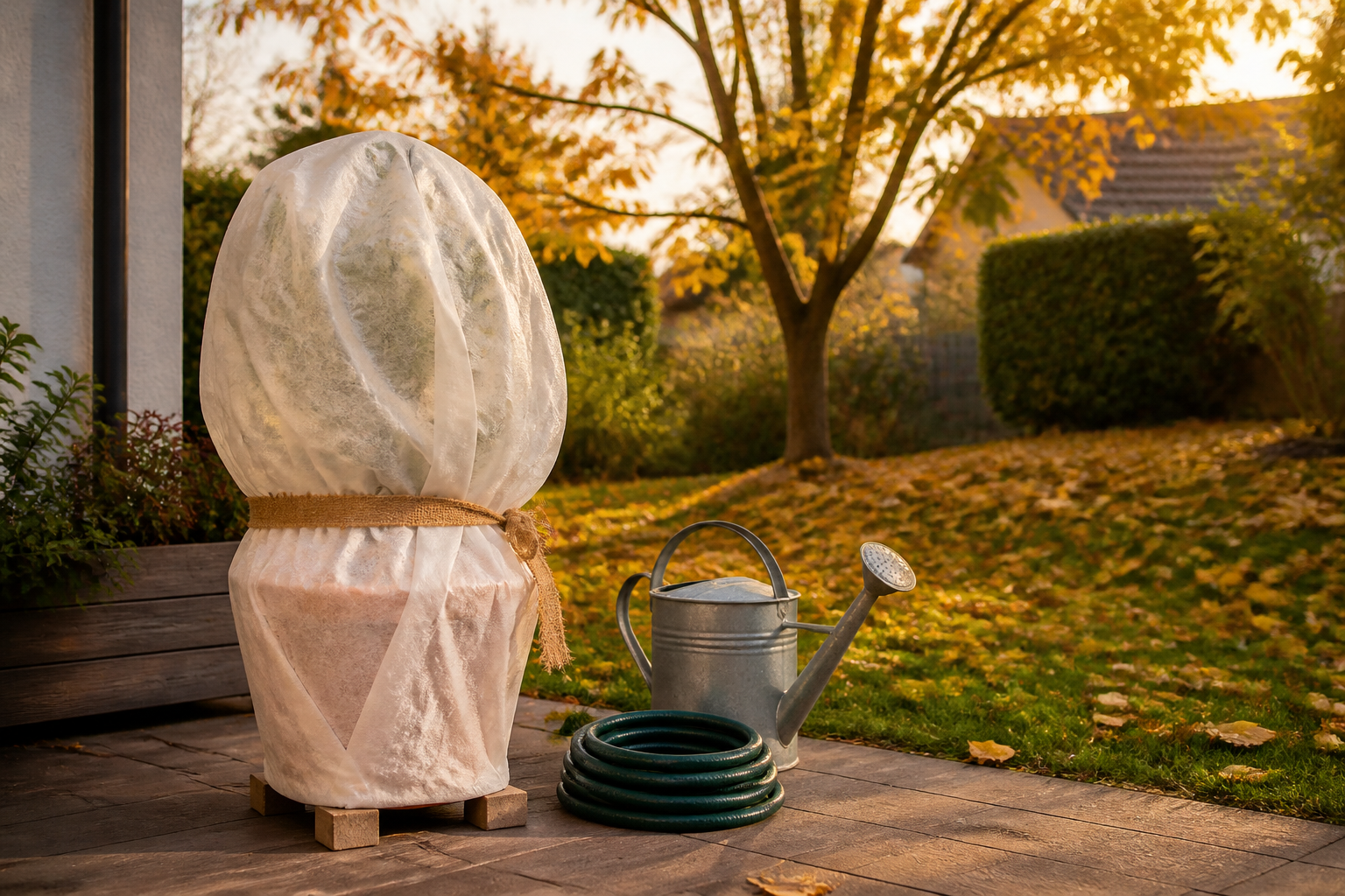 Gartenvlies umhüllt einen Pflanztopf auf einer herbstlichen Terrasse neben einem aufgerollten Gartenschlauch