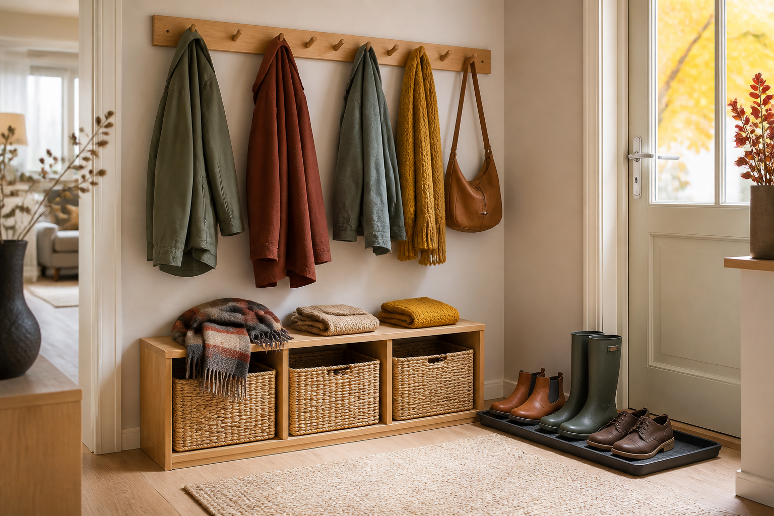 Organisierter Flur mit Wandhaken für Jacken, Körben und einer Schuhablage für Stiefel