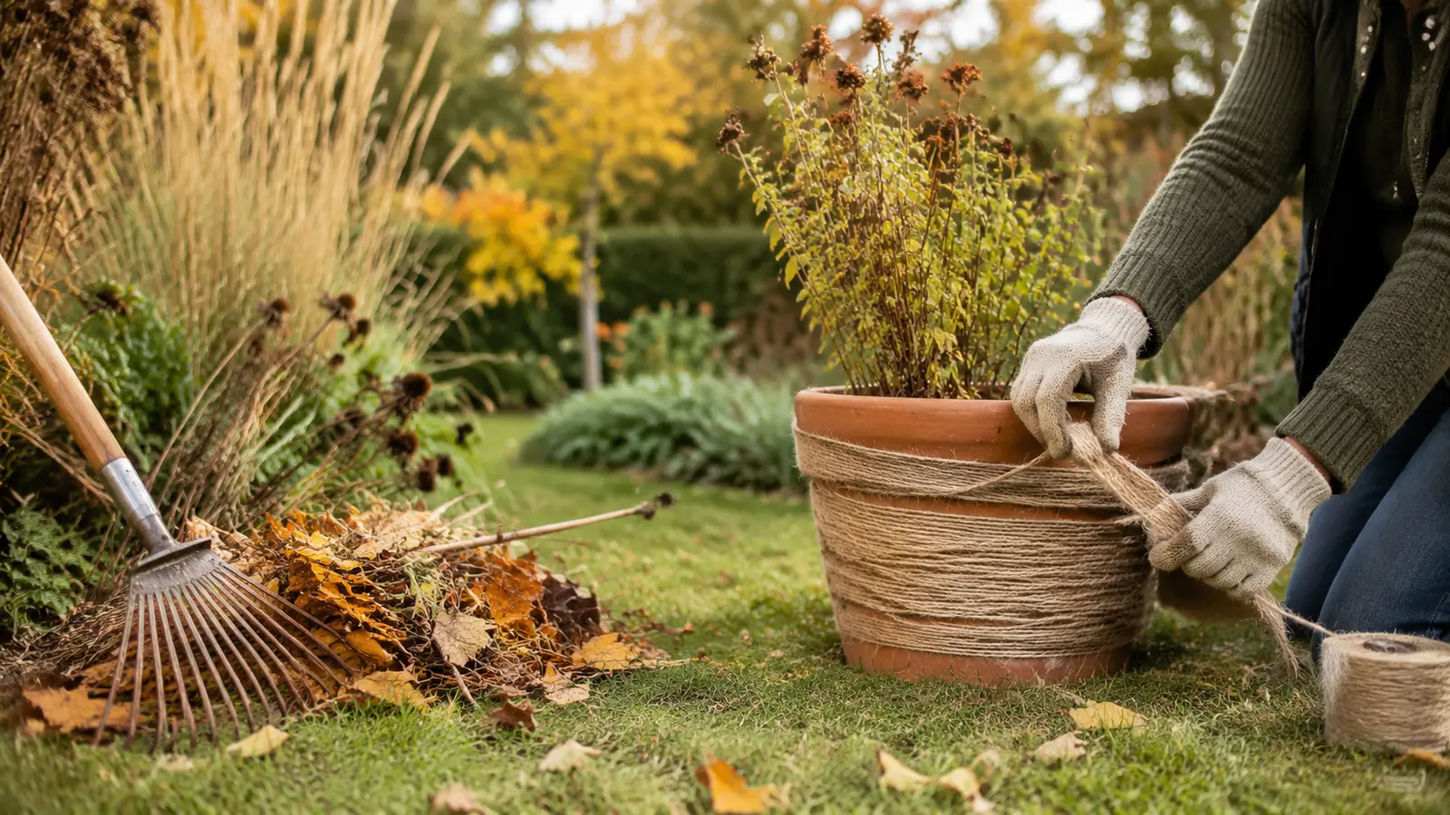 Kübelpflanze wird im herbstlichen Garten mit Jute vor Kälte geschützt