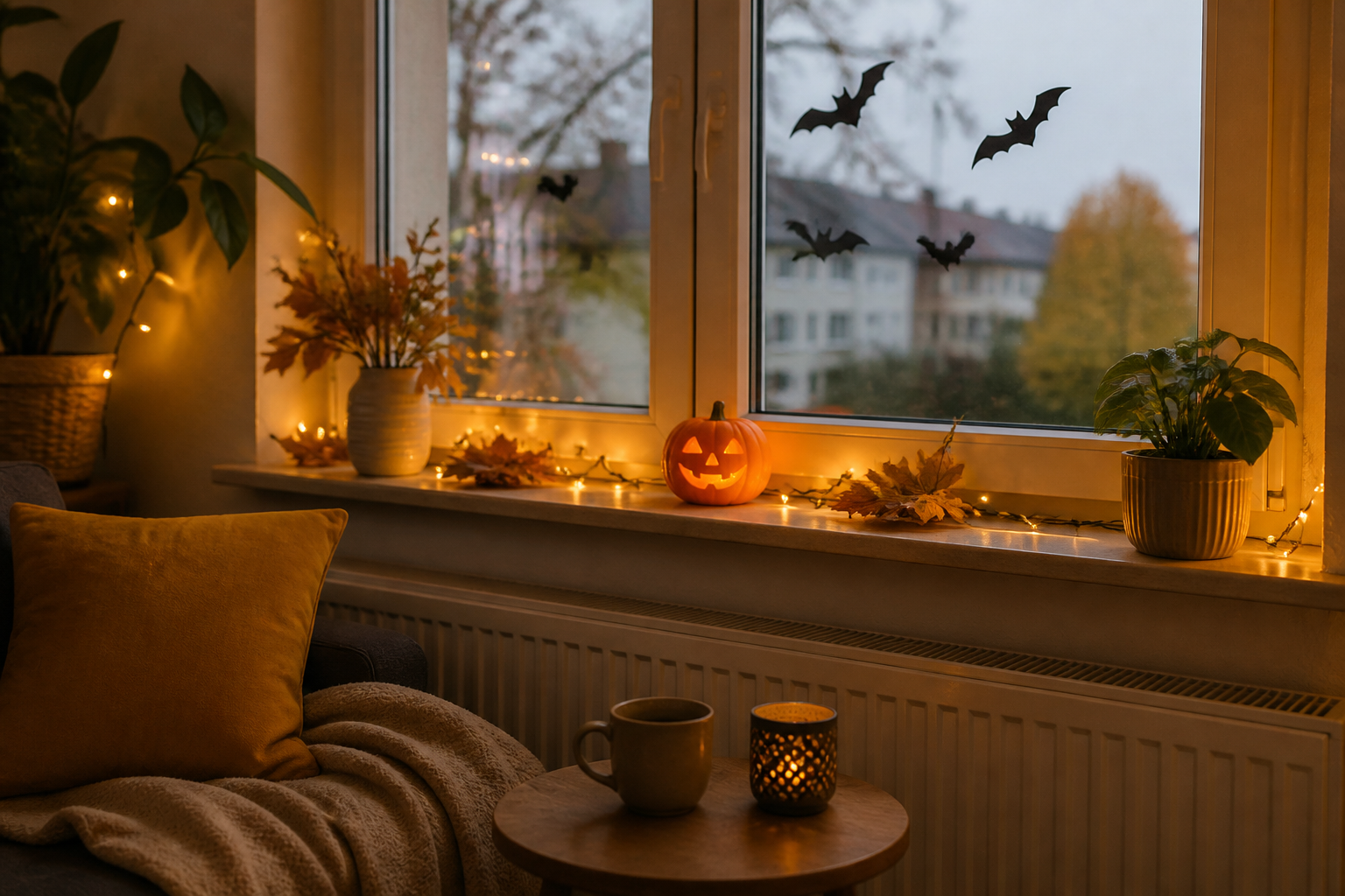 Halloween-Deko mit Kürbis und Lichterkette auf einer Fensterbank in einem kleinen Wohnzimmer