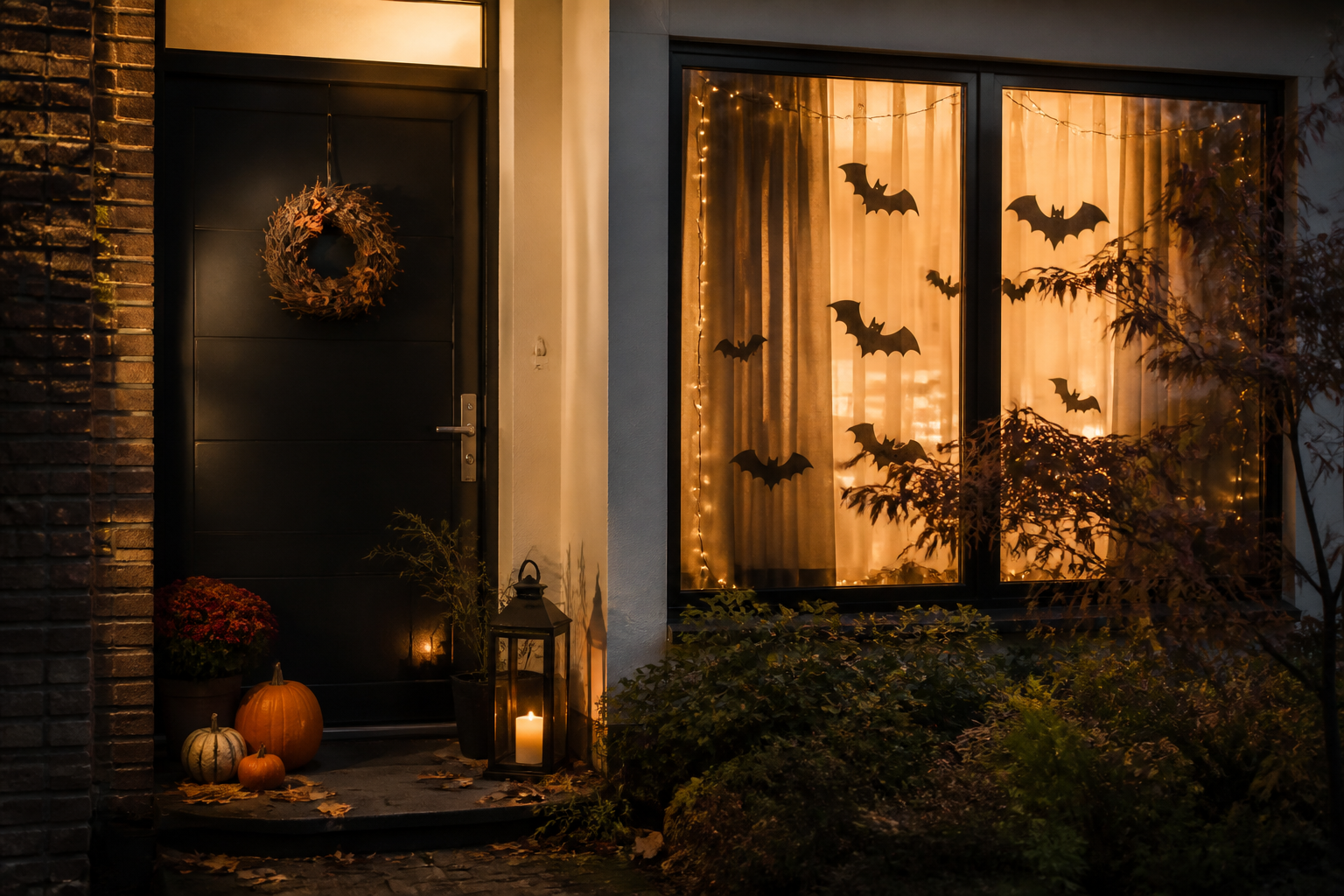 Herbstliche Halloween-Deko mit Kürbissen und Lichtern an einer Glasscheibe und Holztür ohne Bohrlöcher