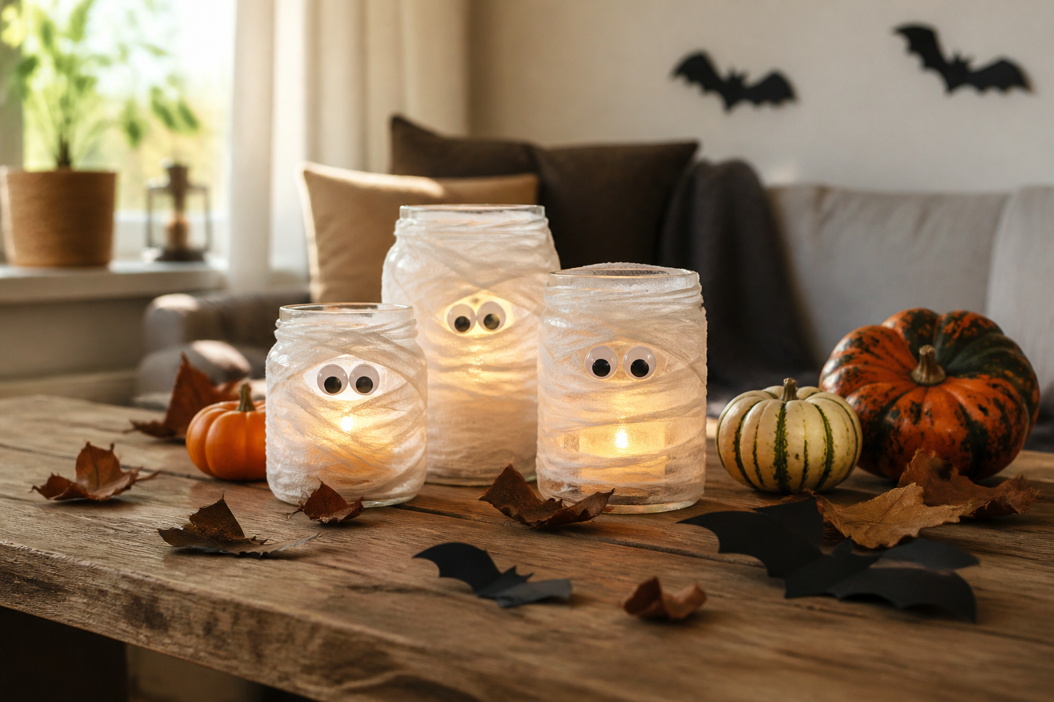 Herbstliche DIY-Halloween-Dekoration mit beleuchteten Gläsern, Fledermaus-Silhouetten und kleinen Kürbissen auf einem Holztisch