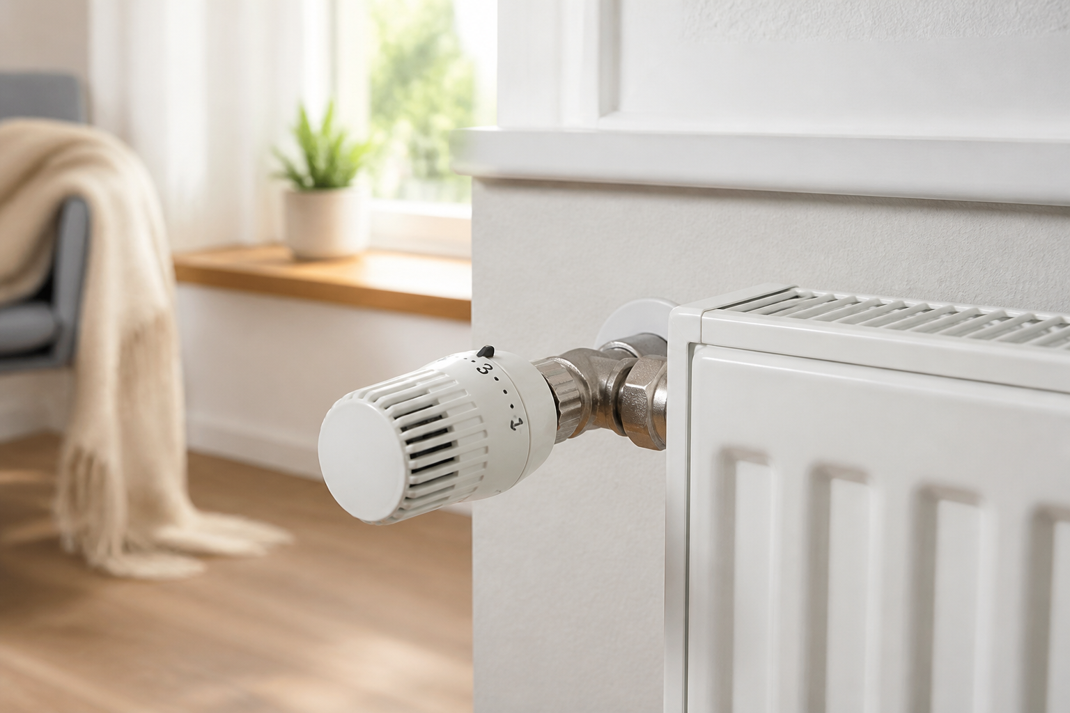 Weißes Heizkörperthermostat an einer Wand neben einem Fenster