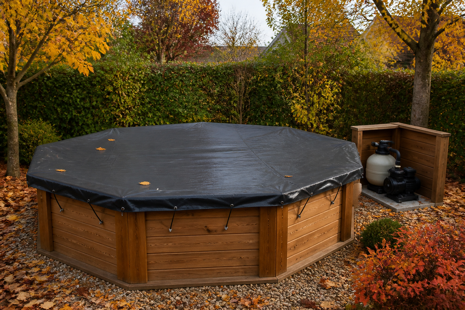 Achteckiger Holzpool im herbstlichen Garten mit stabiler Winterplane und umlaufendem Holzdeck