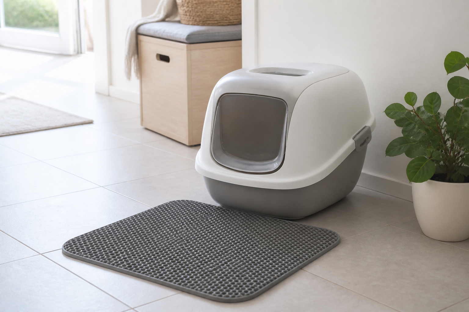 Graue Wabenmatte vor einer Katzentoilette auf hellem Fliesenboden