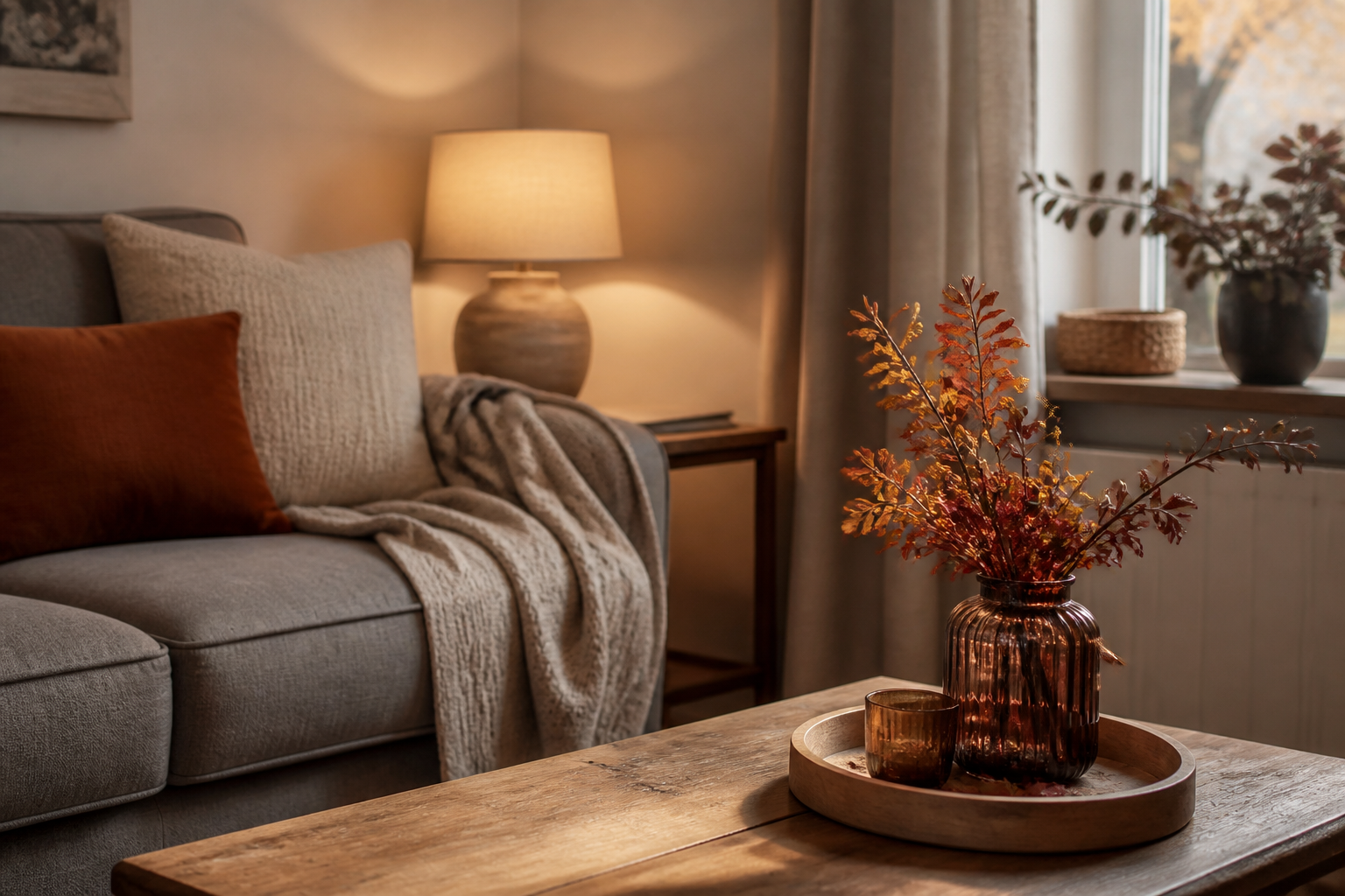 Wohnzimmer mit Decke auf dem Sofa, Tischleuchte und Kerzen auf einem Holztablett