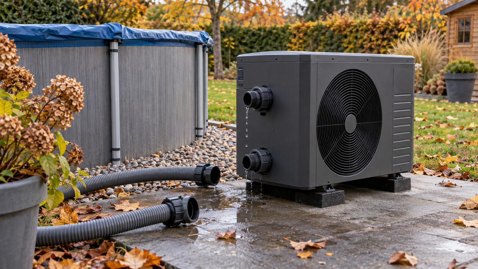 Pool-Wärmepumpe im herbstlichen Garten mit gelösten Wasseranschlüssen zur Entleerung