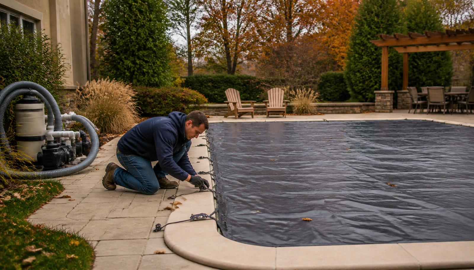Gartenpool wird im Herbst winterfest gemacht
