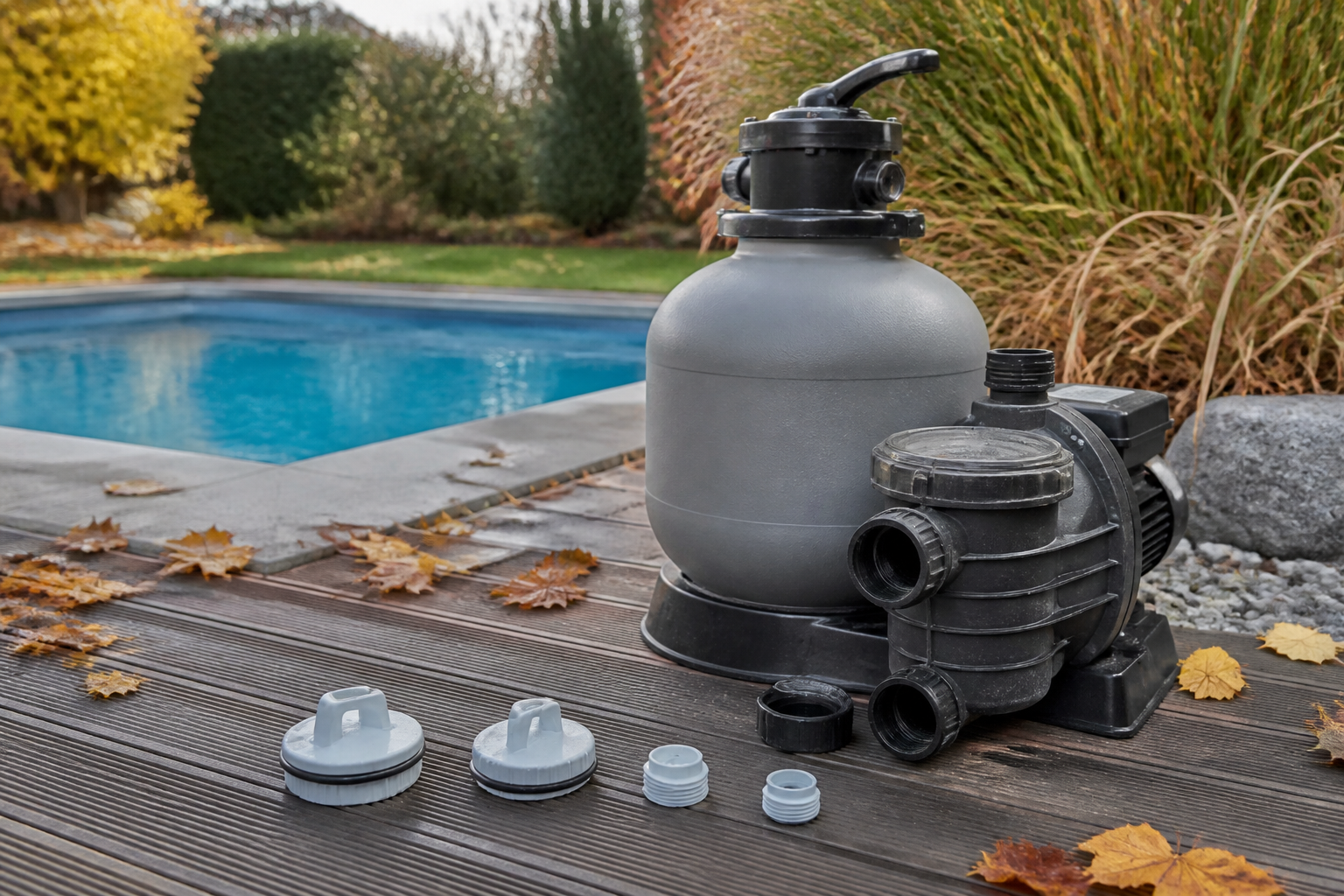 Poolpumpe und Filterkessel mit geöffneten Anschlüssen und Zubehör zur Überwinterung im Garten