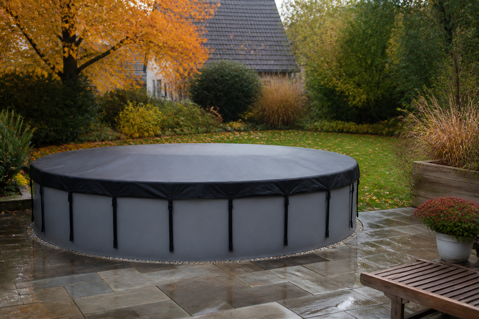 Ein abgedeckter runder Stahlwandpool im herbstlichen Garten mit befestigter Plane