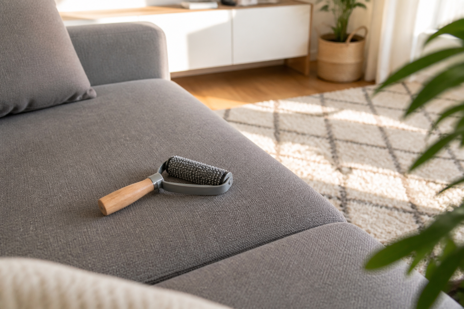 Auf einem grauen Stoffsofa liegt eine Tierhaarbürste