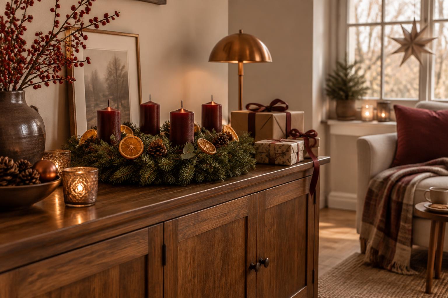 Holzsideboard mit Adventskranz, weinroten Kerzen und verpackten Geschenken im warmen Licht